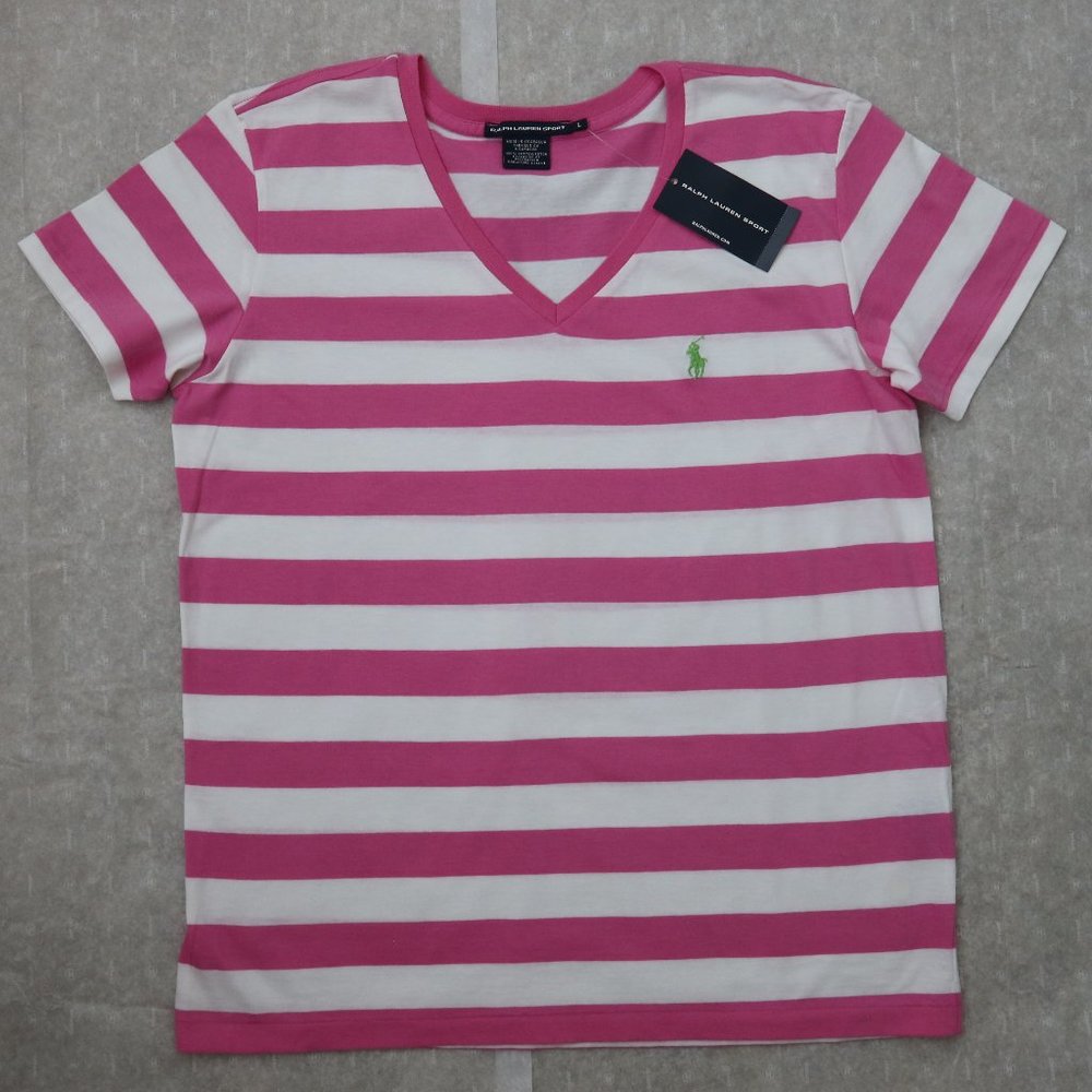 Ralph Lauren Sport V-Neck T Shirt L Striped Pink White 100% Cotton New